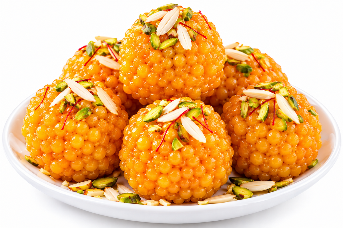 Six golden-orange gulab halwa balls topped with sliced almonds and chopped pistachios, served on a white plate against a white background.