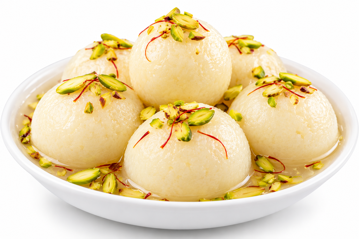 A white bowl filled with five soft, round sweets topped with chopped pistachios and red saffron threads, set against a clean white background.
