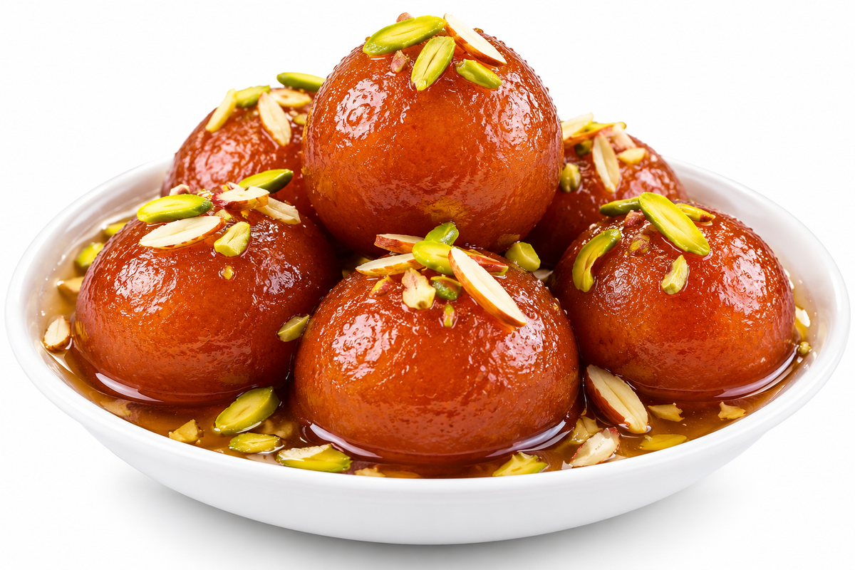 Gulab halwa, a traditional Indian sweet dish, presented in a white bowl. The glossy, reddish-brown balls of syrup are topped with sliced almonds and green pistachio nuts, set against a clean white background.