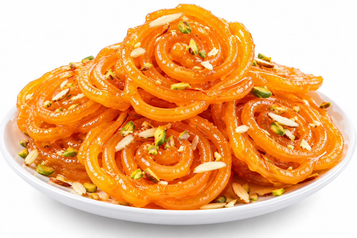 A plate of golden-brown Indian jalebi syrup sweets, stacked in a spiral pattern and garnished with sliced almonds and chopped pistachios on a white plate against a white background.