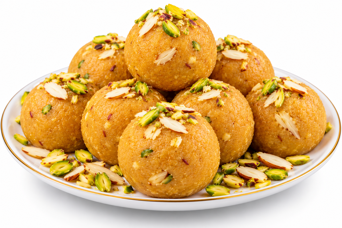 A pile of golden-brown Indian laddoo sweets on a white plate with a gold rim, garnished with sliced almonds and chopped pistachios, on a white background.