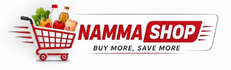 A promotional graphic for 'NAMMA SHOP' featuring a red shopping cart filled with groceries on the left and bold red-and-white branding on the right, with the tagline 'BUY MORE, SAVE MORE' on a white background.