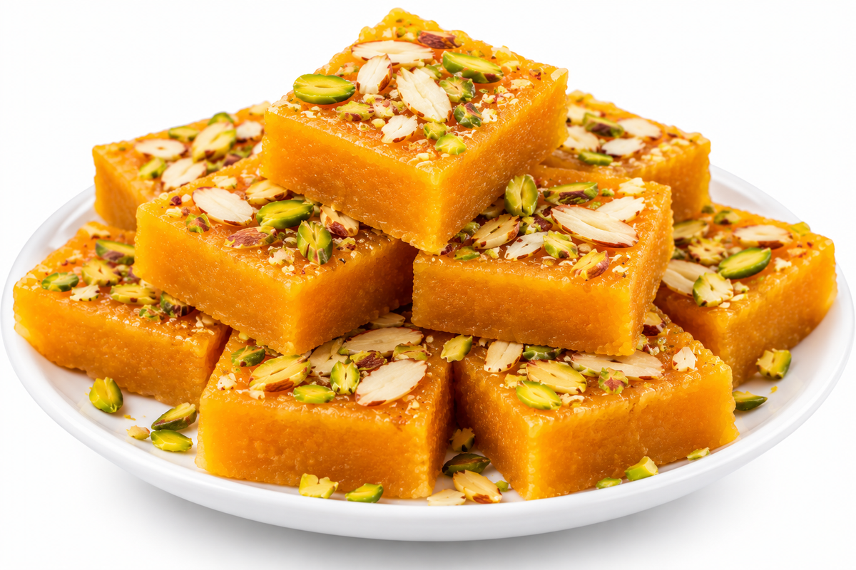 A stack of golden-brown square sweets topped with sliced almonds and green pistachios, served on a white plate against a clean white background.