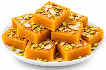 A stack of golden-brown square sweets topped with sliced almonds and green pistachios, served on a white plate against a clean white background.