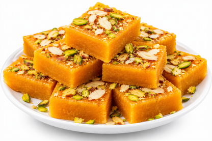 A stack of golden-brown square sweets topped with sliced almonds and green pistachios, served on a white plate against a clean white background.