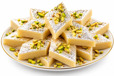 A pile of triangular pieces of sweet pastry or baklava on a white plate with a gold rim, dusted with powdered sugar and topped with chopped pistachios, photographed on a white background.