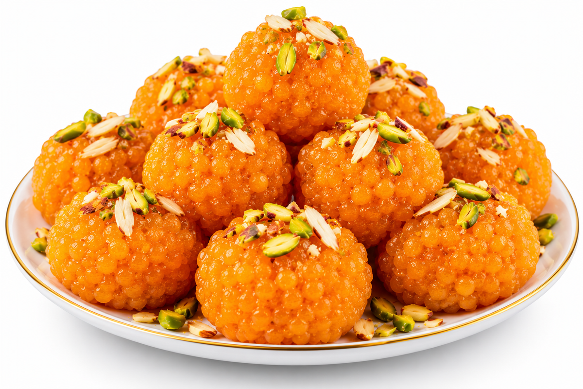 A pile of golden-orange Indian sweets, likely Laddoo or Dalhal, garnished with chopped pistachios and slivered almonds, served on a white plate with a gold rim against a white background.